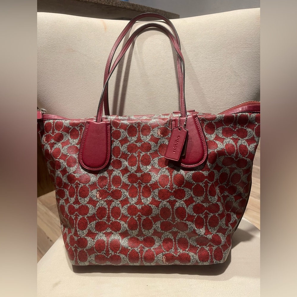 Large red coach tote with attached pouch